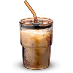 13oz/400ml Tumbler Water Glass, Cups with Straw and Lid Sealed Carry on for Coffee, Iced Tea, Thick Wall Insulated Glass Cup (Amber)…