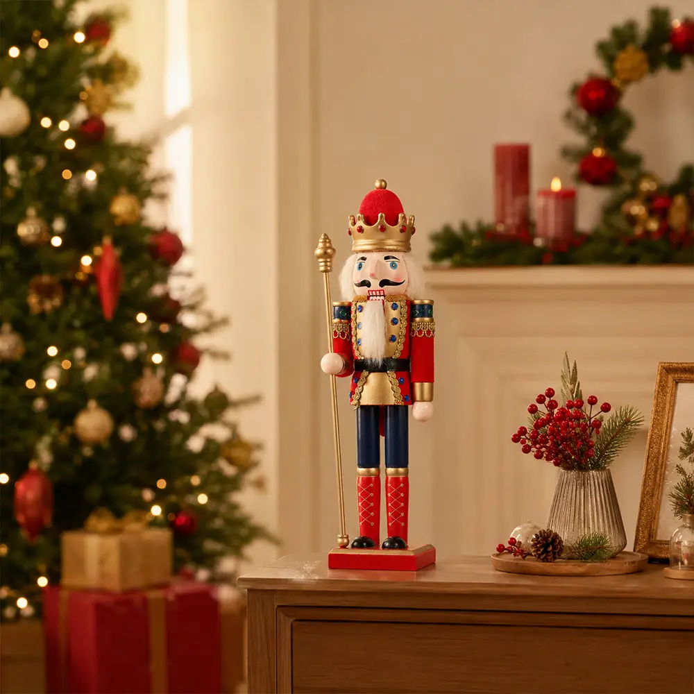 30cm Wooden Nutcracker King Figurine with Scepter, Red Fabric Wrapped Christmas Nutcracker Ornament, Traditional Xmas Tabletop Decor & Holiday Gift