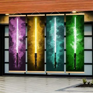 Wooden Hanging Banner, 4 Counts/set Colorful Aura Lightsabers Pattern Wall Art, Modern Art Fashion Decoration for Home Living Room Bedroom Office, Ornaments, Tapestry Wall Mural