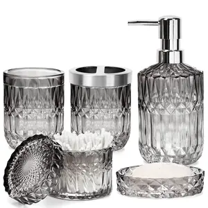 Glass Bathroom Accessories, 5 Pack Black and Clear Bathroom Accessories Set, Include Soap Dispenser, Soap Dish, Toothbrush Holder, Tumbler, Cotton Swab Jar, Farmhouse Counter Decor, Housewarming Gift