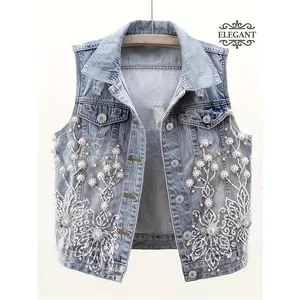 Women's Floral Beaded Denim Vest Sleeveless Jacket with Collar for Spring Summer Casual Wear