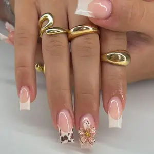 10pcs Y2K Style - 3D Flower Style Press On Nails, Acrylic Press On - Handmade French Style Leopard Print Square Nails For All Seasons, Dating, Travel, Best Gift For Women Girls, Nail Art Products