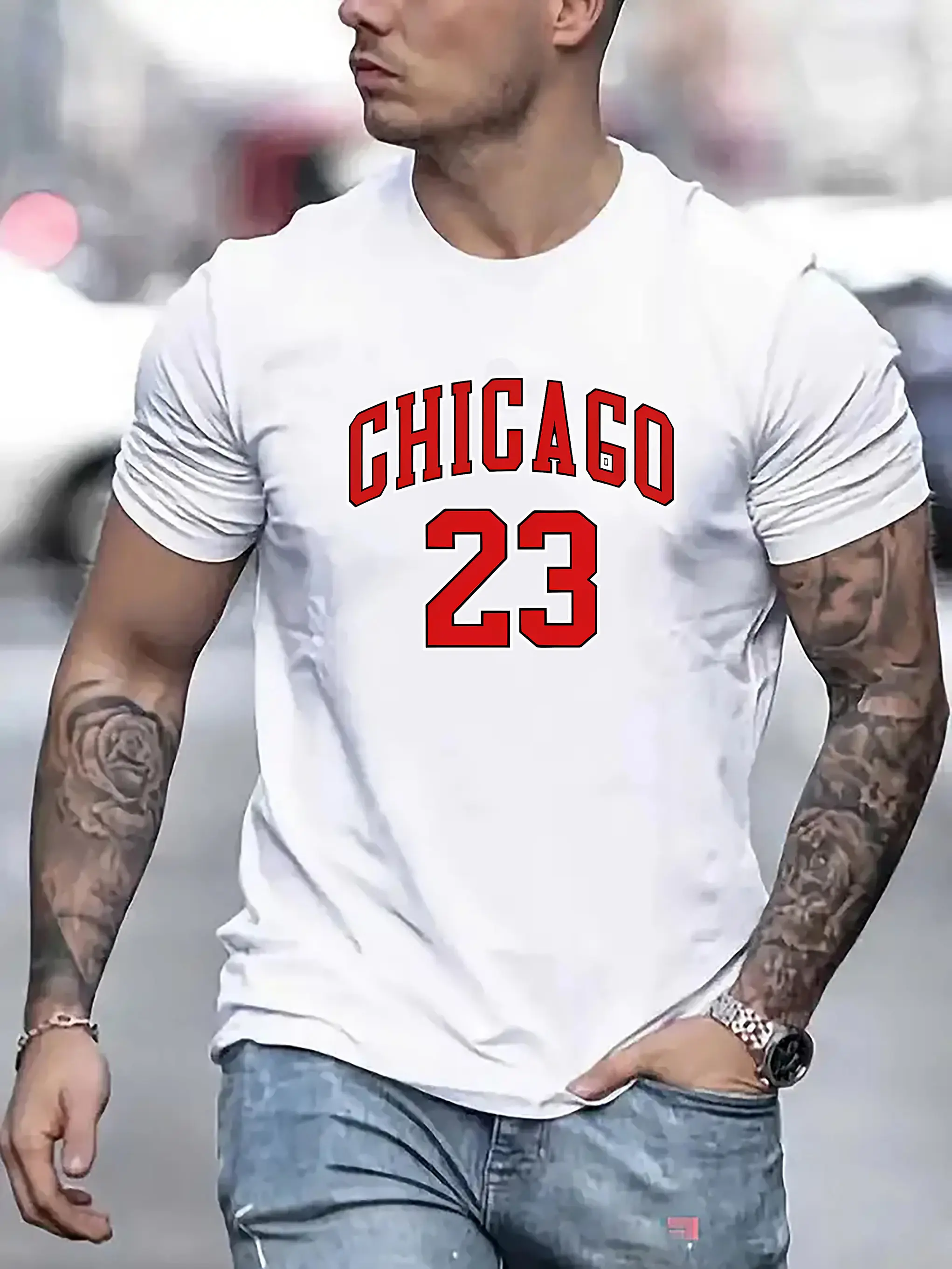 Men'S Casual Crew Neck T-Shirt with Chicago 23 Print,  Polyester Knit Fabric, Slight Stretch, Regular Fit, Summer Light Top - 180gsm