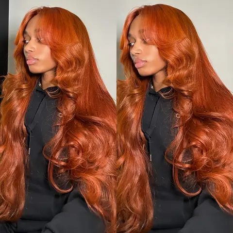 Women's 13x4 Lace Frontal Human Hair Wig (HANA), 40in Orange Ginger Body Waves, 12A Peruvian Hair, 200% Density, Pre-Plucked, Bleached Knots, Full Volume, Medium Cap, Heat Resistant, Ideal for Weddings, Bleach