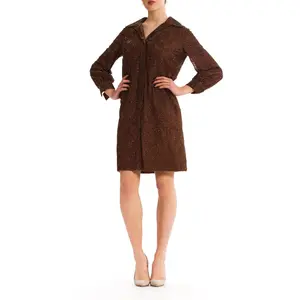 1960S Chocolate Brown Hand Beaded Silk Chiffon Long Sleeve Cocktail Shirt Dress