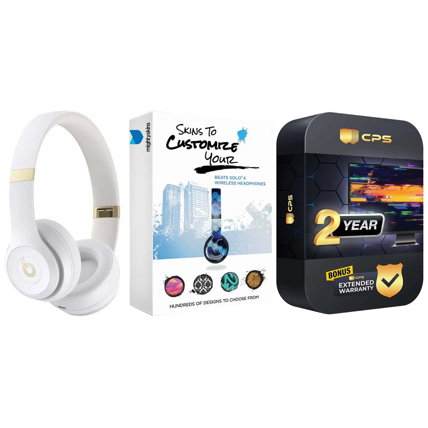 Beats Solo 4 Bluetooth Wireless On-Ear Headphones with MightySkins Protective Skins and 2 Year Extended Warranty Bundle - Warm White