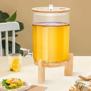 2 - Gallon Bamboo - Standed Glass Drink Dispenser - Ideal for Parties, Picnics, Bars, Restaurants & Stores Drinkware Jugs