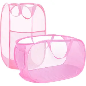 2 Pcs Collapsible Laundry Baskets - Reinforced Mesh Laundry Hamper with, Foldable Dirty Clothes Hamper with Carry Handles for Laundry,, Kids Room, Dorm or Travel Pink
