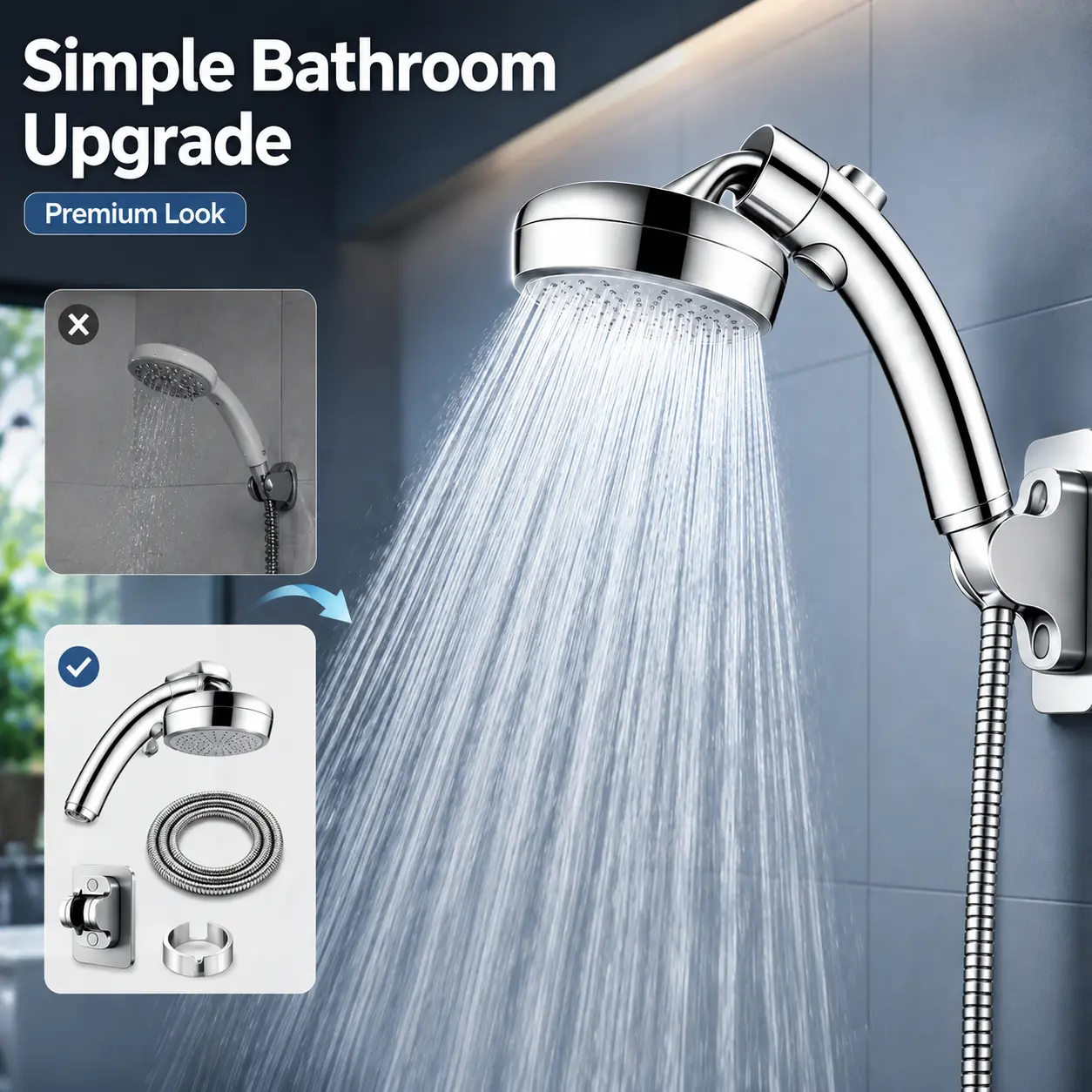 RV-Specific Handheld Shower Head Kit, High-Pressure Water-Saving Nozzle with Stop Button & Spray Gun Position, Removable with Hose & Bracket for Home Bathrooms & Travel Trailers