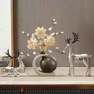 Homary Creative Silver Deer Decorative Set, Golden Artificial Flowers in Vase