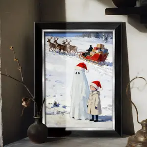 1-Piece 8x12 Inch (Multi-Size) Elegant MDF Wood Frame | Luxury Gold/Silver/Black Large Format Display | Tabletop & Wall Mount Art Print - "Whimsical Christmas Ghost and Child with Sleigh" Oil Painting for Living Room, Bedroom, Holiday Home Decor