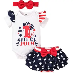 My 1st 4th of July Baby Girl Outfits Newborn Ruffle Romper + Dress Pants with Headband Infant Set 0-18 Months