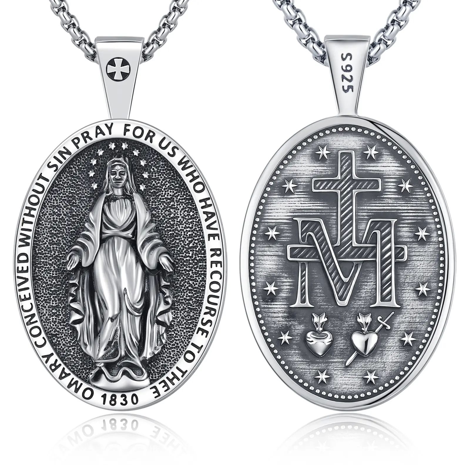 Sebina Virgin Mary Statue Necklace Religious Oval Necklace, Marian Devotion Silver Jewelry, For Catholic Faith Gifts/Wear, Spiritual Symbol Piece