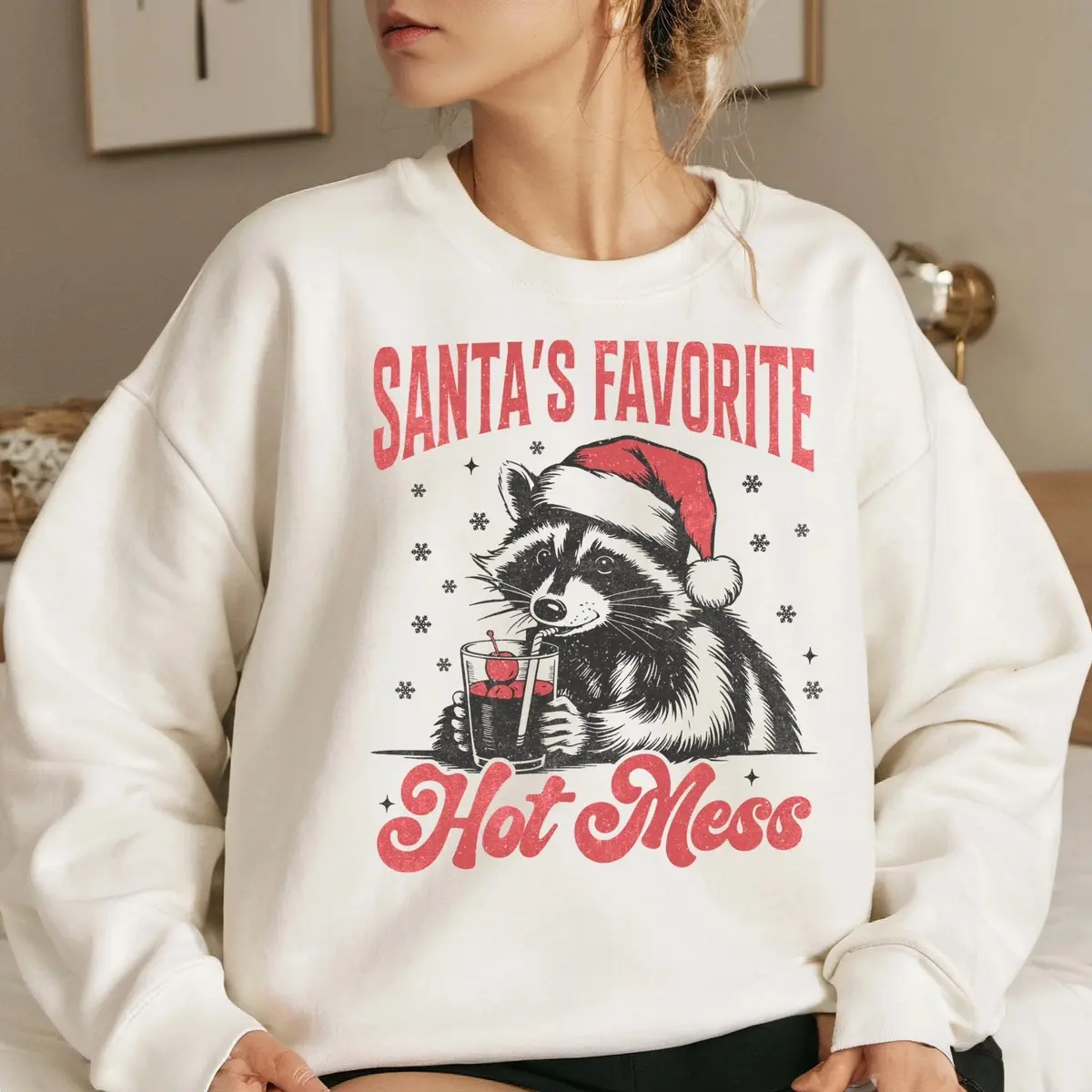 Santa's Favorite Hot Mess Racoon Holiday Sweatshirt - Christmas Sweatshirt, Winter Pullover, Funny Xmas Jumper, Cozy Christmas Sweater
