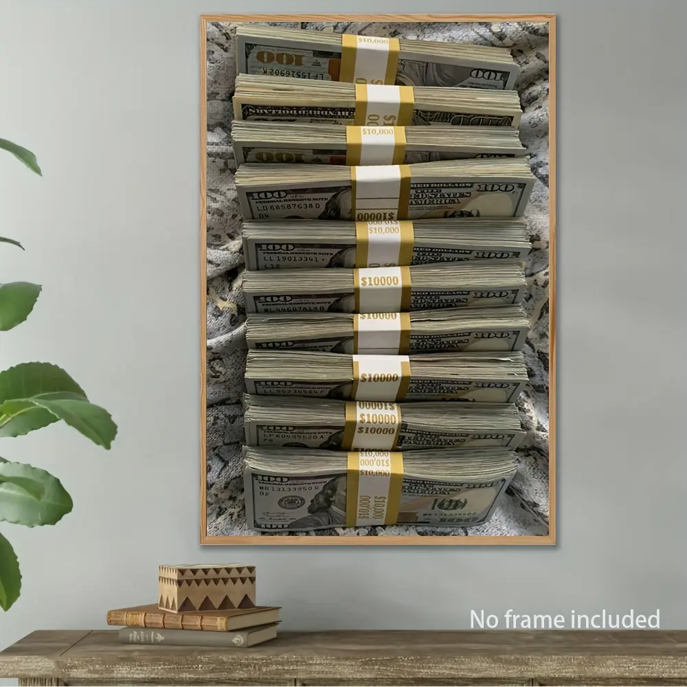 Unframed $10,000 Stacked Cash Canvas Poster Print - Wealth-Focused Touch Artwork, Scratch-Proof Office Wall Decor, Kid Room Home Accent (Frame Not Included), Hustlers