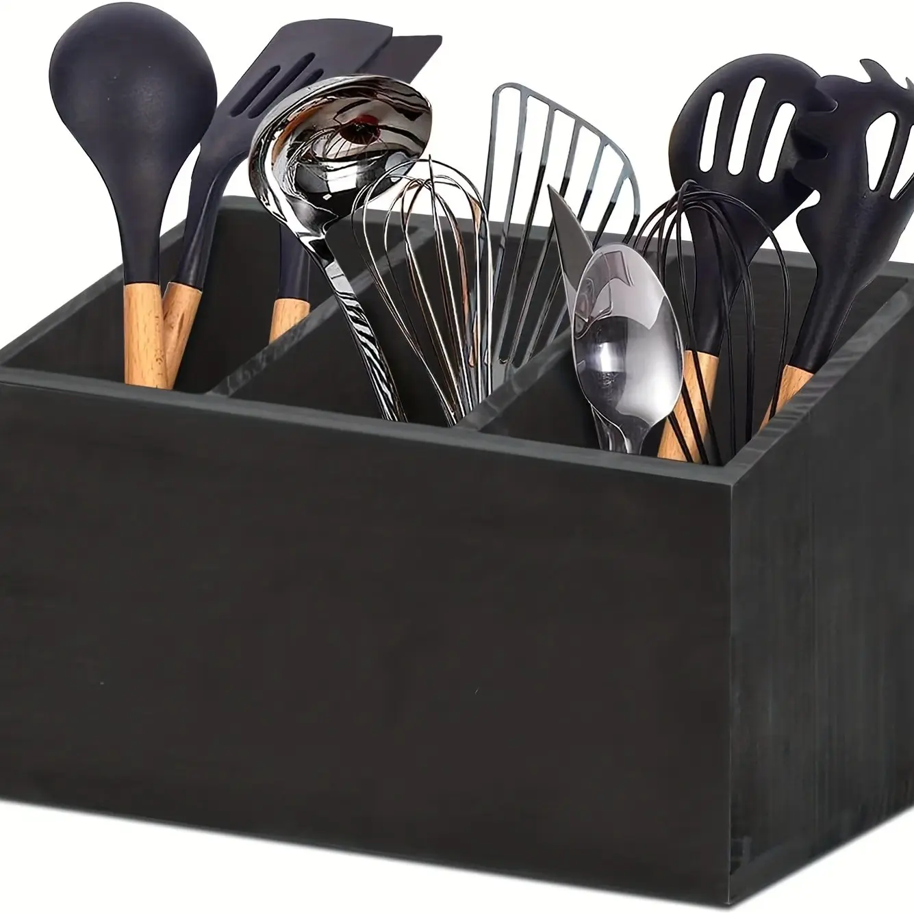 Desktop Wooden Cutlery Rack, Farmhouse Style Home Kitchen Utensil Decor, Three-Tier, Elegant Tabletop Storage Organizer, Durable Wood Material