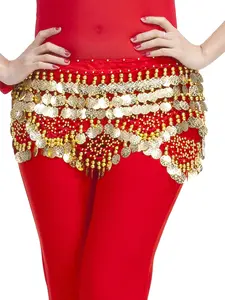 Belly Dance Hip Scarf Wrap Skirt For Women, Elegant Rave Outfit With Gold Coins And Beads Accessories Of Halloween Festival Clothing With Jingle Music For Carnival Christmas Party Performance
