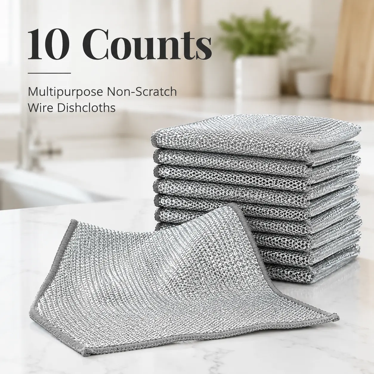 10 Count Washable Removable Silver Wire Cleaning Rags, Non-scuff Multi-use Kitchen Dishcloth, Flexible Wet Dry Cleaner for Cookware, Sink and Household Stains