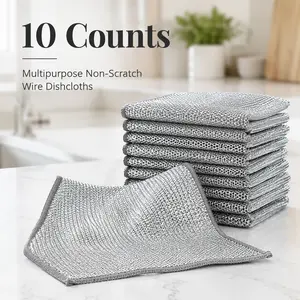 10 Count Washable Removable Silver Wire Cleaning Rags, Non-scuff Multi-use Kitchen Dishcloth, Flexible Wet Dry Cleaner for Cookware, Sink and Household Stains