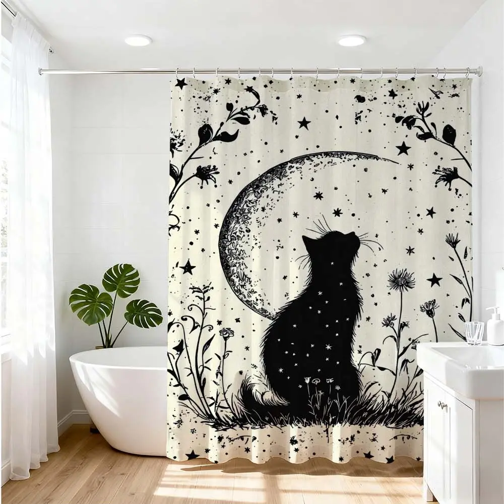 1pc Mystic Cat and Moon Bath Curtain Aesthetic Decorative Shower Curtain Bathroom Decoration Accessories for Stylish Home Bathroom Design Renovation Decor Ideas
