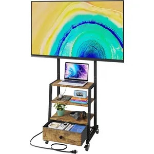 Rolling TV Stand with Wheels and Mount & Fabric Drawer - Entertainment Center with Power Outlet and Small TV Stand for Bedroom, Living Room - 15" Rustic Brown