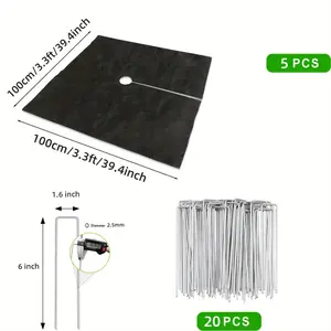 5Pack Plant Block Mulch Non-Woven Square Barrier Fabric Tree Protection Weed Mat Square 3*3FT Weed Barrier Landscape Fabric Block Mulch Mats UV Protected Tree Mat Cover with 20pcs Garden Stakes Landscape Staples Pegs U shaped Nail Pins