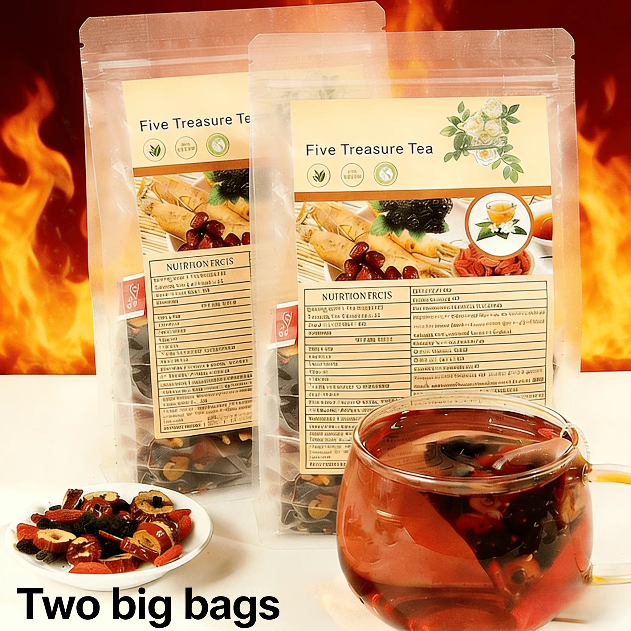 Organic Ginseng 5-Treasures Beverage Tea Bags, 250g Large Package, Natural Chinese-Style Nourishing Herbal Blend with Goji Berries, Maca, Mulberries, Traditional Formula for Fatigue Relief & Kidney Support