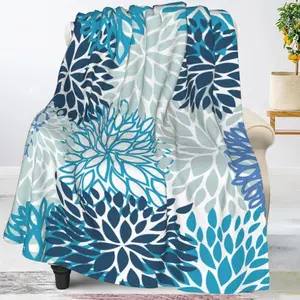 Blue and Navy Chrysanthemum Flowers Throw Blankets All Season Ultra Soft Warm Daisy Floral Flannel Blanket for Home Bed Sofa Couch Chair Outdoor Travel Camping