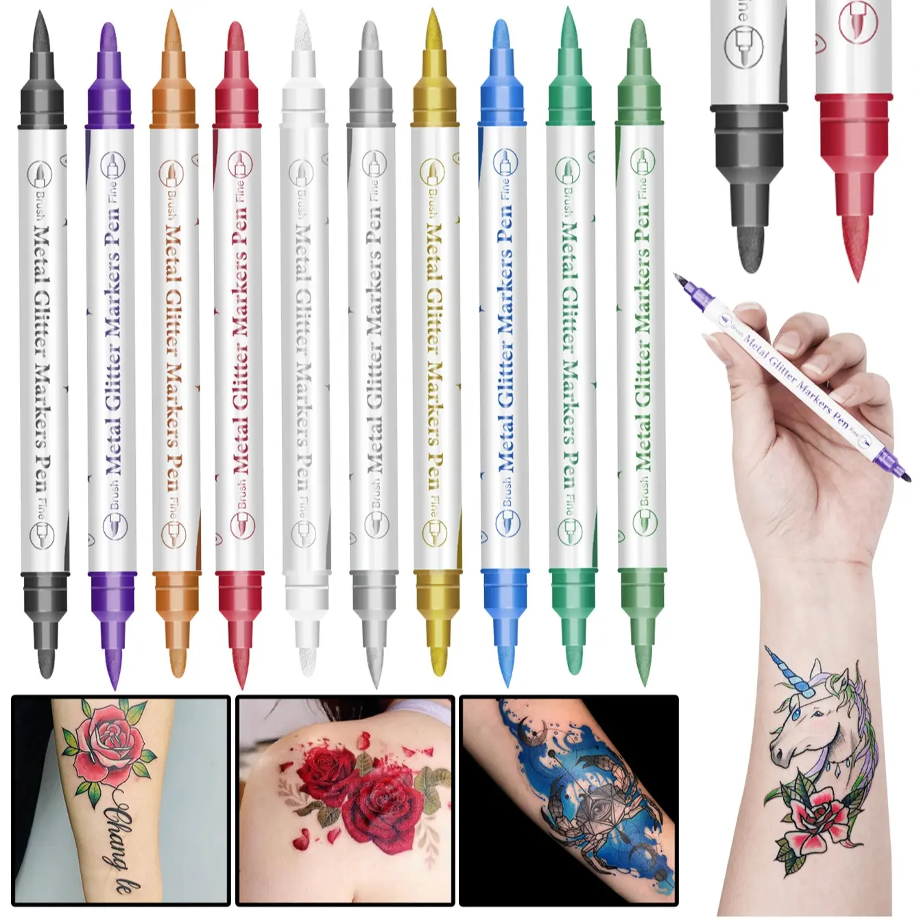 Temporary Dual-Head Tattoo Pen Drawing Pen, 10 Colors, Washable Skin Painting Marker, Easy to Remove, Graffiti Pen