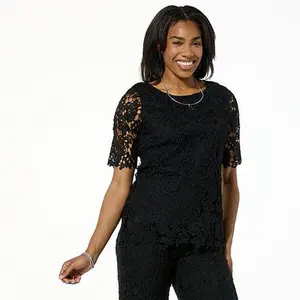 Nina Leonard Elbow Sleeve Lace Top
