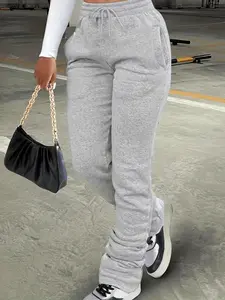 Women's Plain Pocket Drawstring Waist Stackable Sweatpants, Casual Basic Stack Pants for Daily Wear, Ladies' Bottoms for All Seasons, Casual Sport Trousers