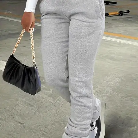 【Black Friday】Women's Year-Round Solid-Color Stacked-Leg Sweatpants with Pockets and Drawstring Waist, Casual Basic Bottoms for Daily Wear