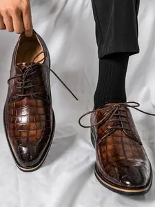 Men's Business Fashionable Crocodile Embossed Dress Shoes, Formal Occasion Solid Color Pointed Toe Shoes for Work Office, Lightweight Breathable Comfortable Shoes for Daily Wear, Boy, Oxford Shoes