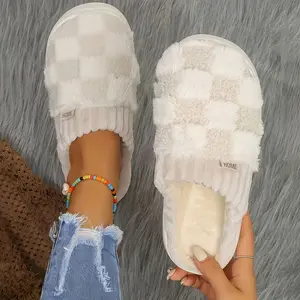 Checkered Slipper House Slippers for Women Men Plush Warm Fuzzy Slippers Flyffy Bedroom Shoes Indoor Slip On outdoorfun