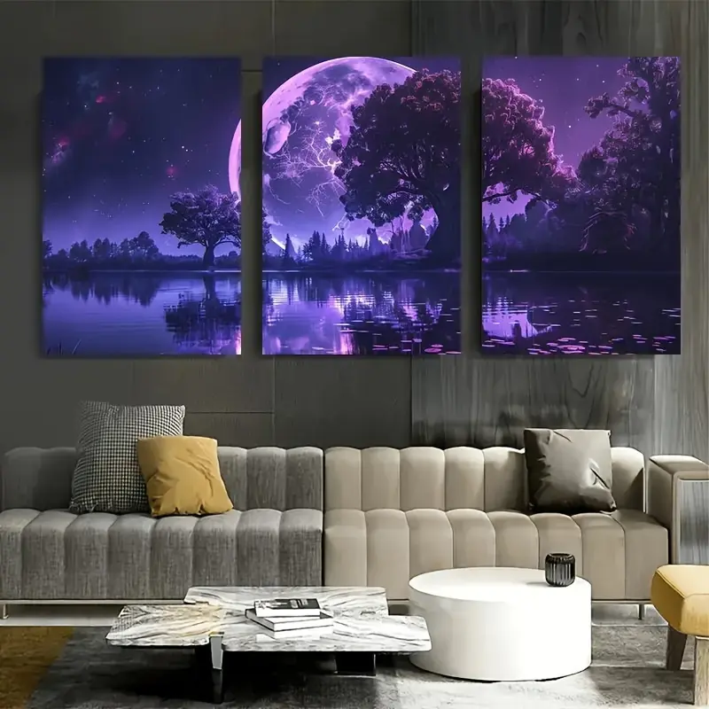3pcs Large Purple Moon Canvas Art Prints Set - Artistic Unframed Modern Wall Decoration for Living Room, Bedroom, Hallway