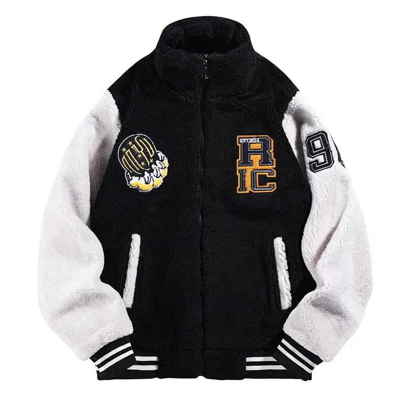 Men Oversized Black White Contrast Sherpa Windbreaker Full Zip Stand Collar RC Letter Number Patch Embroidery Varsity Bomber Jacket Y2K Hip Hop Retro Streetwear Thick Warm Winter Fleece Casual Sports Outer Coat Side Hand Pockets