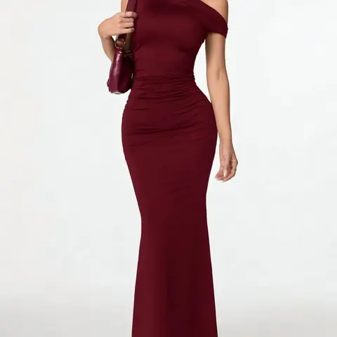 Daily Date And Travel Outfits, Party Outfits, Going Out Outfits, Sloping Shoulder Asymmetrical Extra-Long Fishtail Dress, Club Women Outfits, Formal wear, Banquet Dresses, Evening Banquet Gown, Formal Summer Dresses For Women, Graduation Dresses