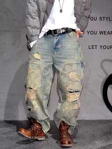 Men's Loose Fit Ripped Jeans, Vintage Washed High-Waisted Straight Leg Pants, Casual Streetwear Fashion, All Seasons