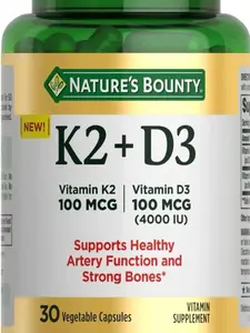 Nature’s Bounty Vitamin D3 + K2 - 30 Vegan caps Support Artery & Bone Vit d3+k2