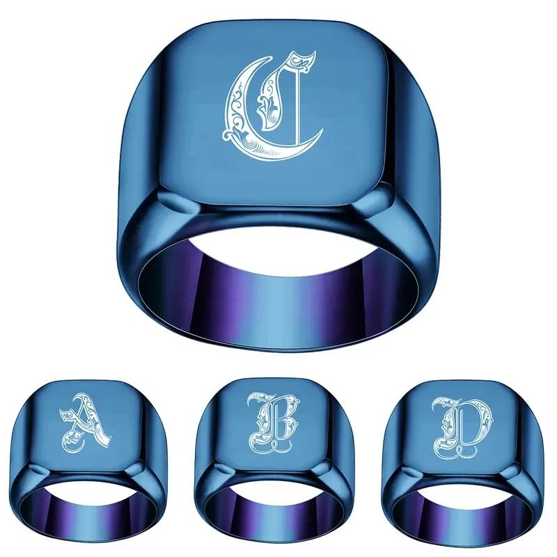 Personalized Initial A-Z Signet Ring For Men Blue Stainless Steel Gothic Alphabet Letter Ring Customized Jewelry Gift For Him
