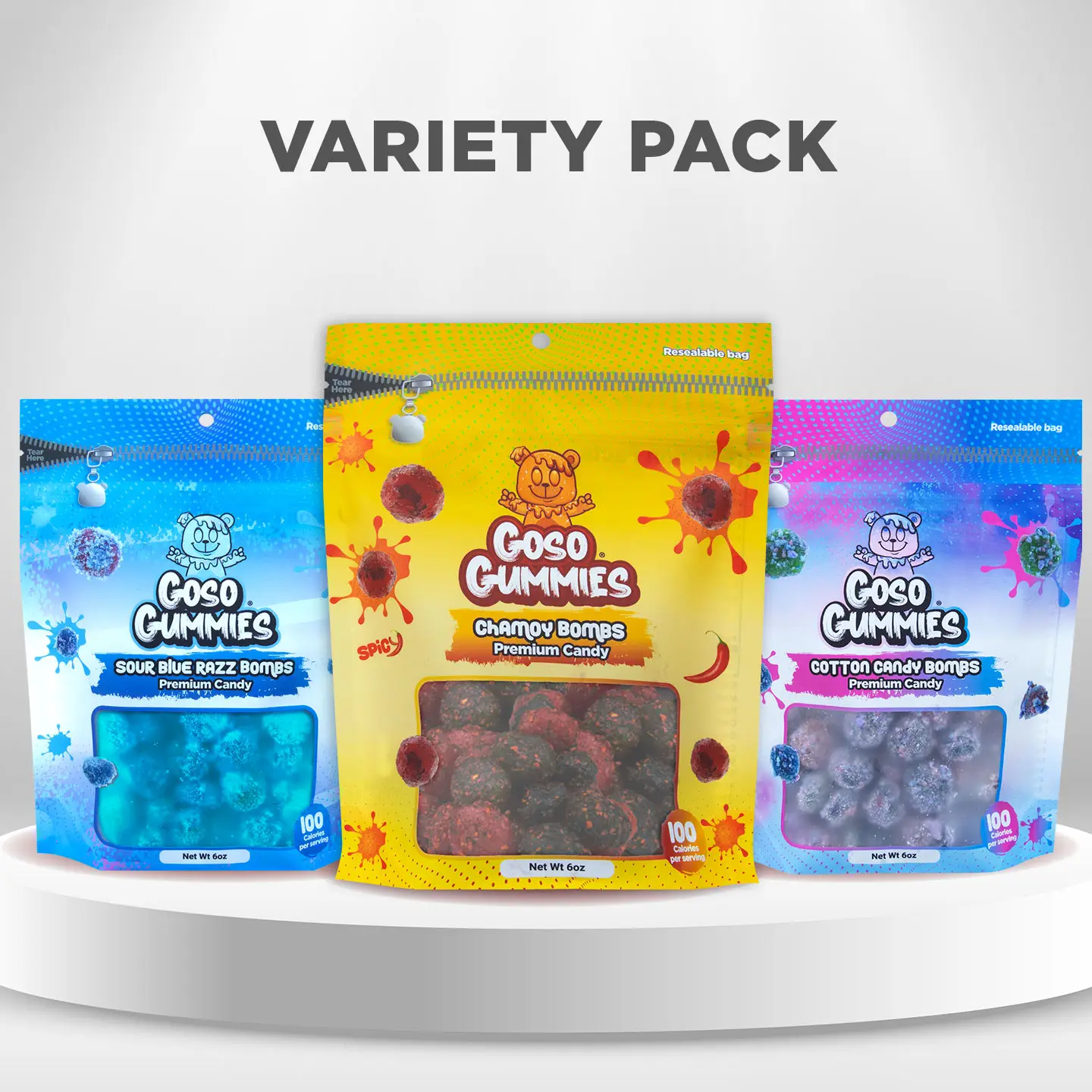 Goso Gummies 18oz Flavor Viral Gushers Bombs Trio – Sour Blue Razz Gushers, Spicy Chamoy Gushers, & Cotton Candy Gushers