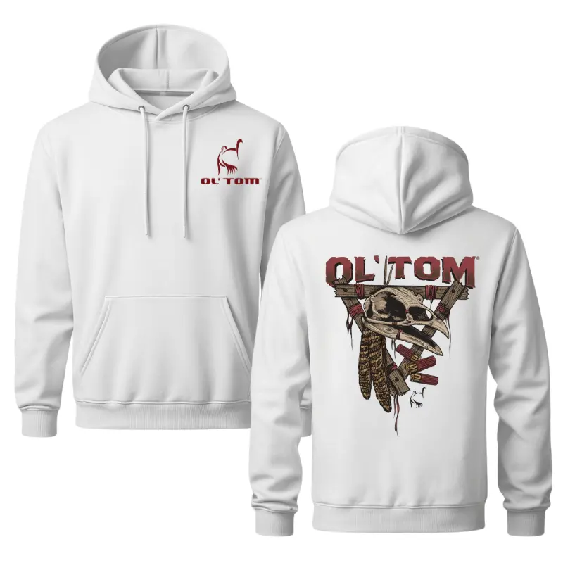 Ol’ Tom Turkey Skull Hoodie – Hunting Graphic Back Print with Feathers and Rustic Triangular Design, Bold Ol’ Tom Logo Front, Outdoor Wildlife Hunting Apparel for Enthusiasts