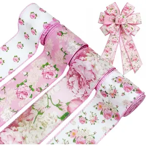 Floral Ribbon with Wire,  Rose Wired Ribbon for Bow Making, Wreath Craft,  Wrap, Spring Summer Holiday Wedding Birthday  Shower Party  Decor,4 Rolls,2.5 Inch ()