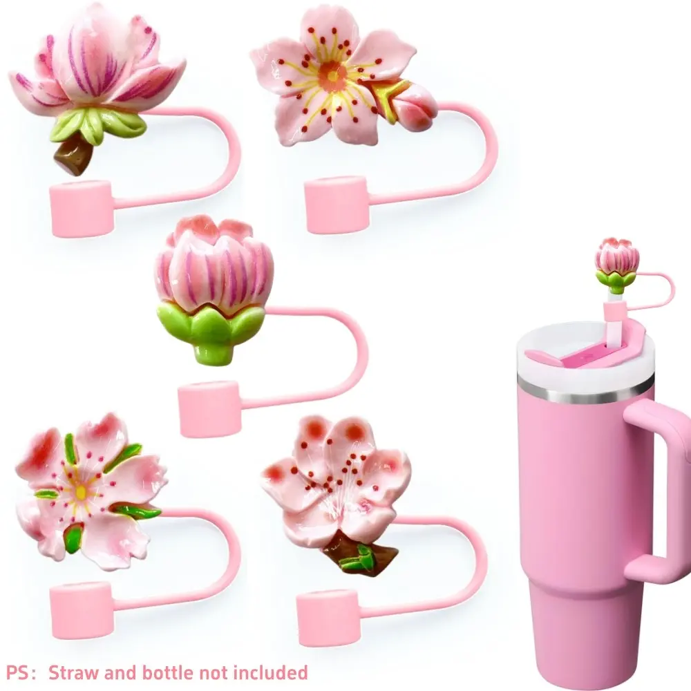 Sakura Flower Design Straw Tip, Reusable Dustproof Silicone Straw Cover, Decorative Beverage Straw Topper for Sports Water Bottle Tumbler, Straw Protector, Drinking Gadgets, Straw Toppers for Tumblers