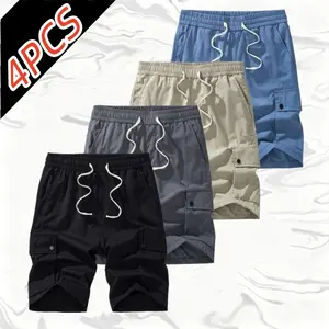 4-pack men’s elastic drawstring cargo shorts, lightweight quick-dry breathable woven fabric, snap flap side pockets, black khaki blue gray camouflage five colors loose straight casual mid-length shorts