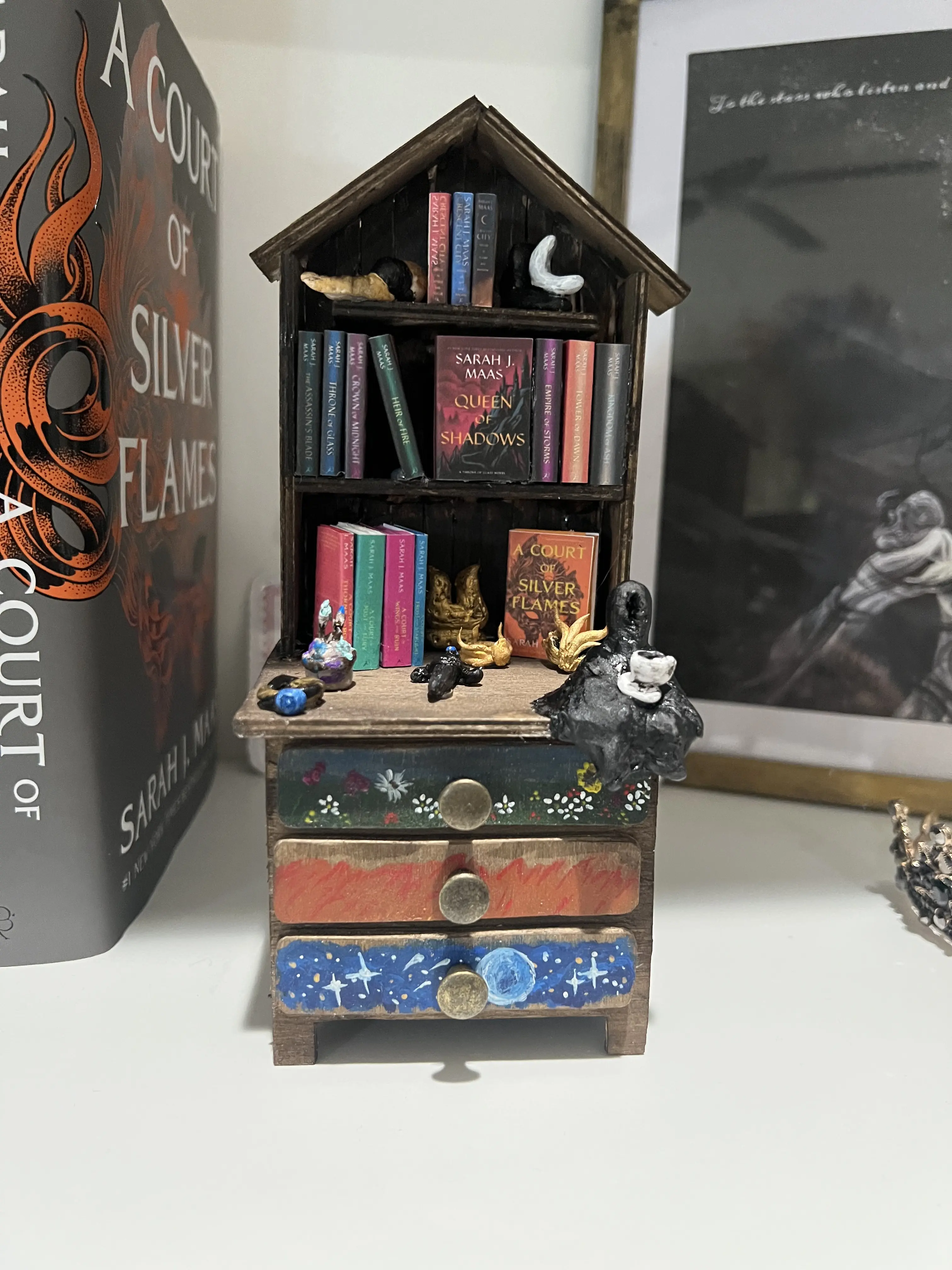 ACOTAR Inspired handmade and Hand Painted Dresser/Mini library with Handcrafted Charms (nonfunctional drawers)