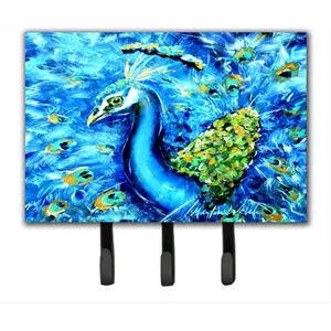 212 MAIN Peacock Straight Up In Blue Metal Hook Hanger - Wall Mounted Holder with Hardboard Tile, Home Decor for Leash or Key Storage, Household Room Organization Solution