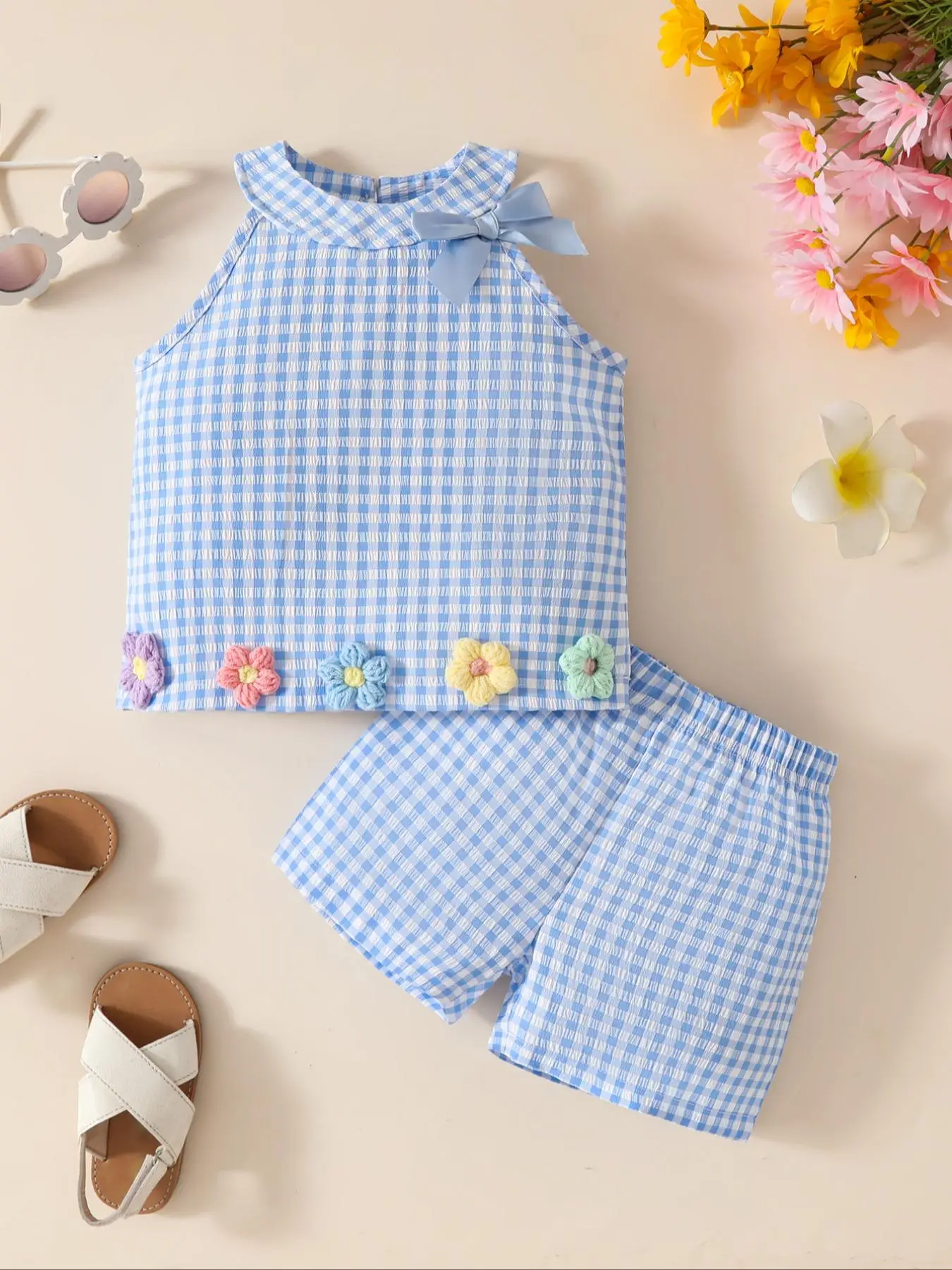 Girl's Gingham Print Tank Top & Shorts Two-piece Set, Cute Sleeveless Top & Shorts Outfit for Summer, Kids Clothes for Daily Wear