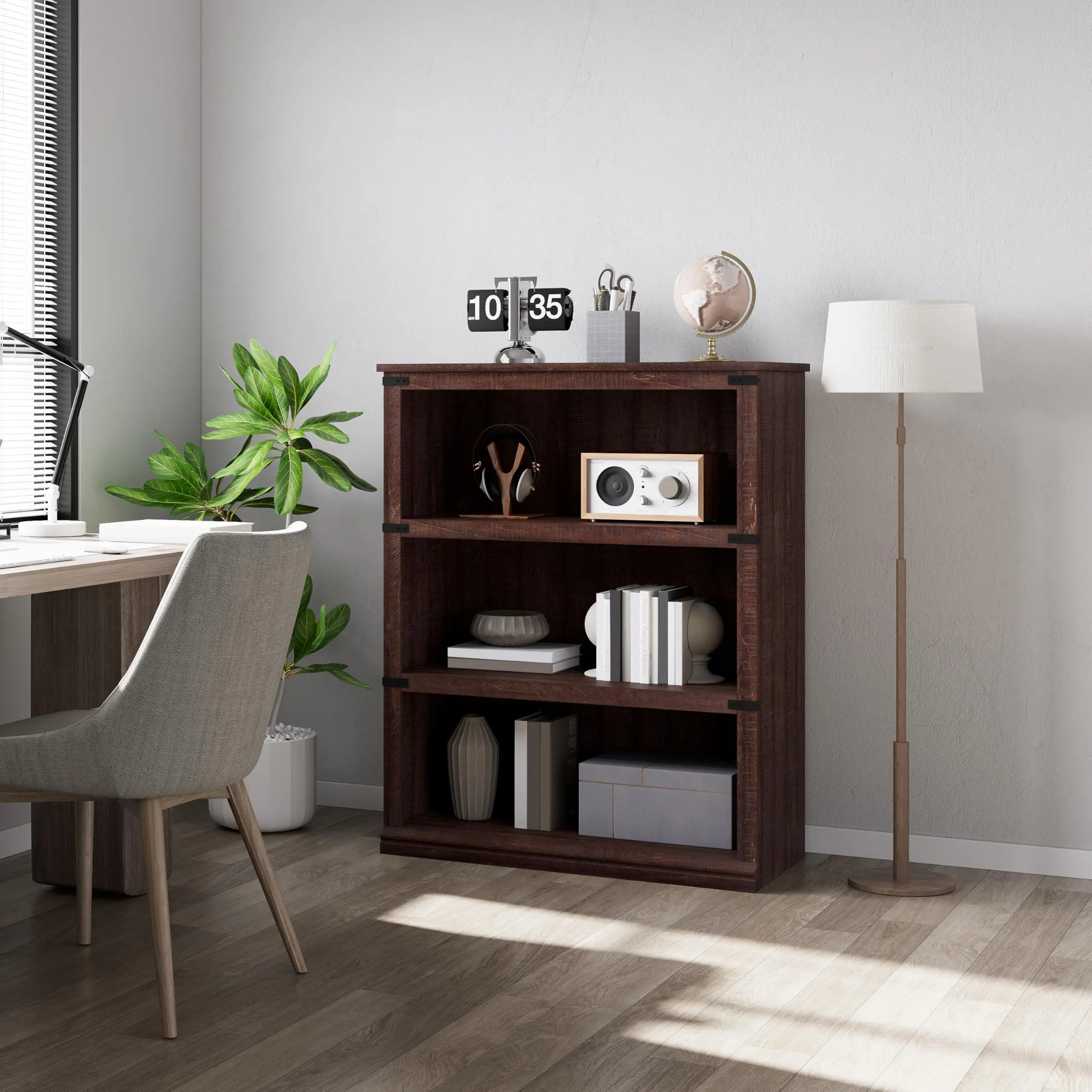 GARVEE 3 Tier Bookcase, Farmhouse Book Shelf with Storage, Low Book Case Wooden 3 Shelf Bookcase for Home Office, Living Room, Bed Room,Reddish Brown