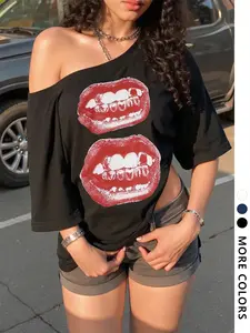 Women's Lip Print Off Shoulder Tee, Casual Asymmetrical Hem Short Sleeve T-Shirt for Summer, Women's Top for Daily Wear, Tshirt
